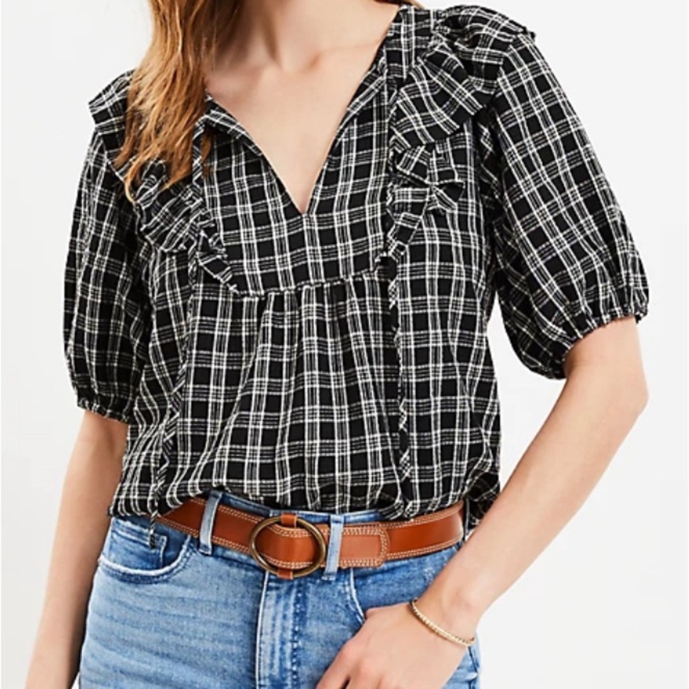 LOFT Plaid Ruffle Bib Tie Neck Blouse size large
